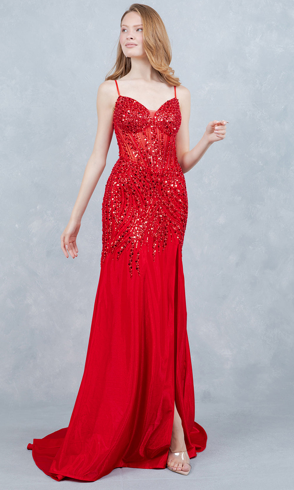 Cinderella Couture 8329J - Beaded Sequin Illusion Bodice Prom Gown Prom Dresses in Red