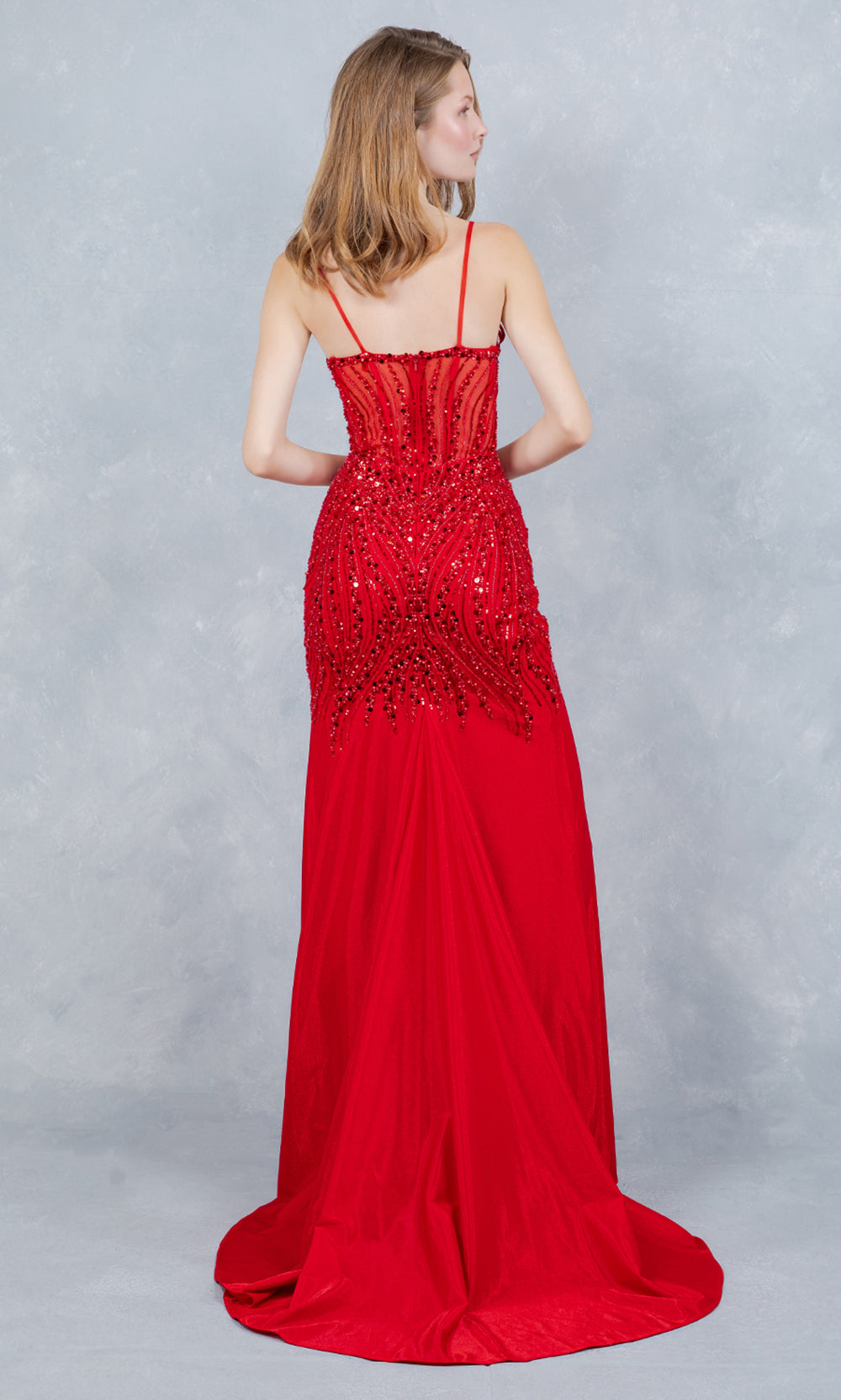 Cinderella Couture 8329J - Beaded Sequin Illusion Bodice Prom Gown Prom Dresses in Red