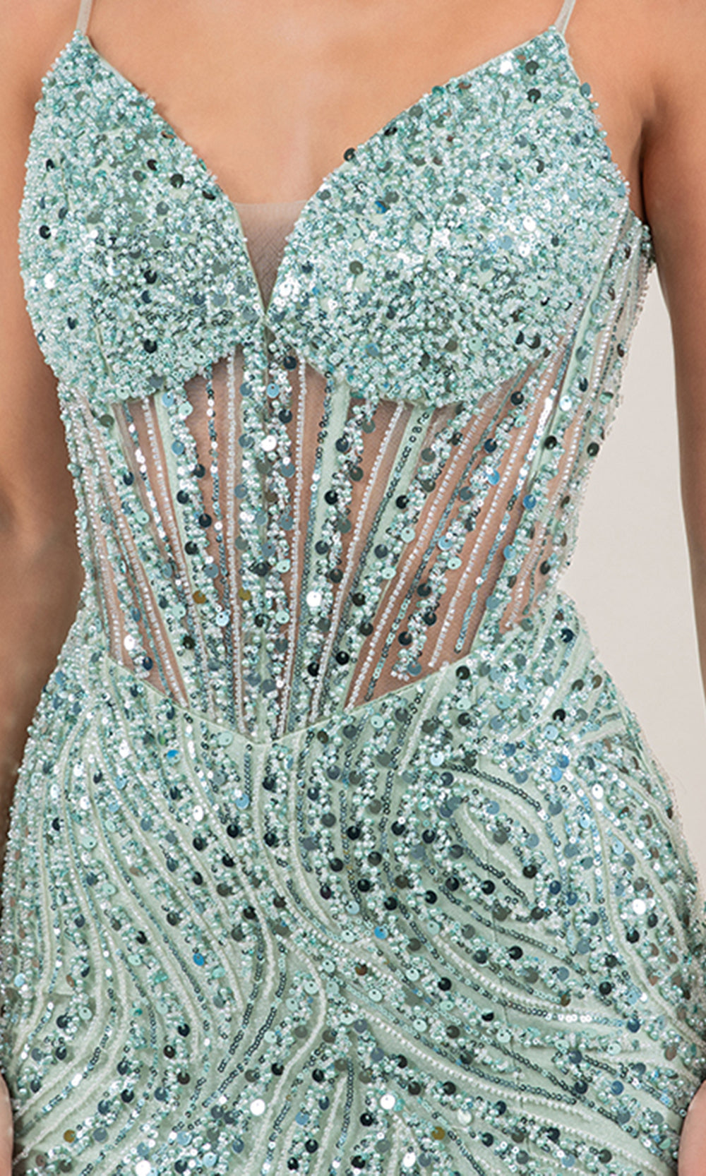 Cinderella Couture 8329J - Beaded Sequin Illusion Bodice Prom Gown Prom Dresses in Sage