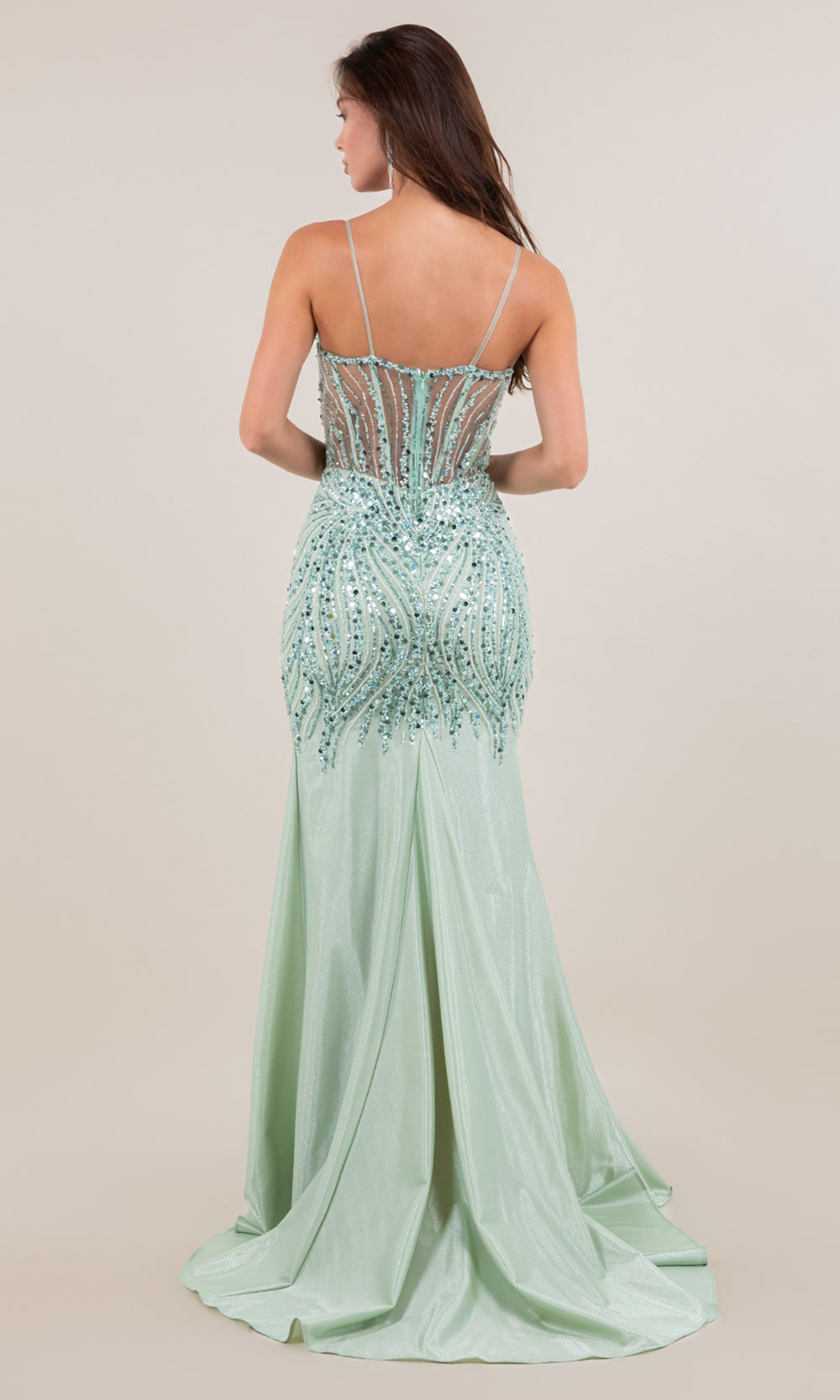 Cinderella Couture 8329J - Beaded Sequin Illusion Bodice Prom Gown Prom Dresses in Sage