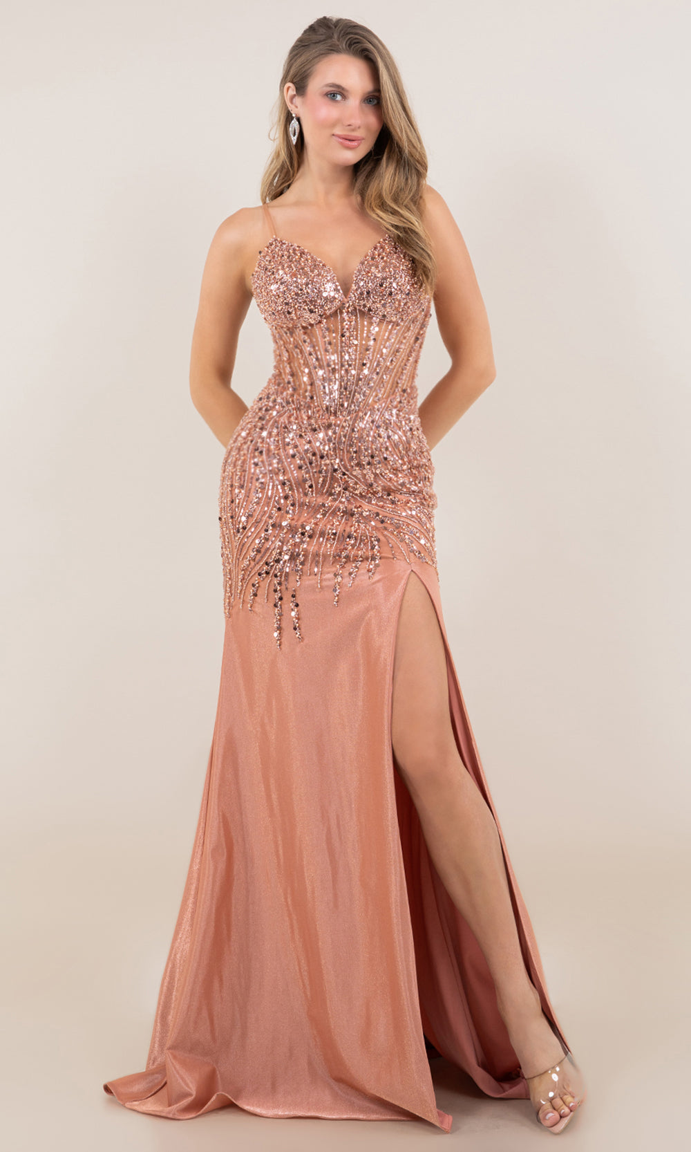 Cinderella Couture 8329J - Beaded Sequin Illusion Bodice Prom Gown Prom Dresses in Sienna