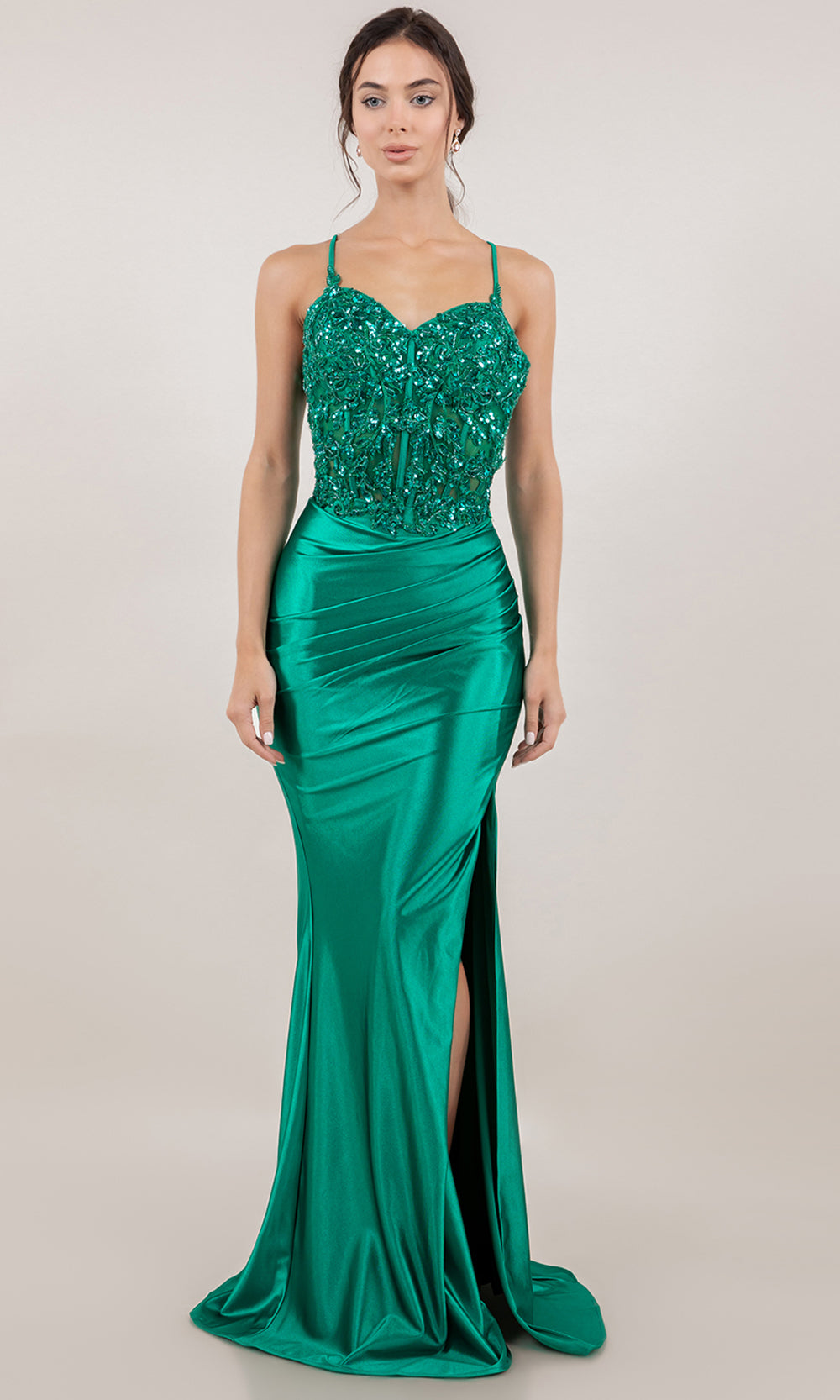 Cinderella Couture 8334J - Metallic Satin Sleeveless Embellished Gown Prom Dresses in Emerald 