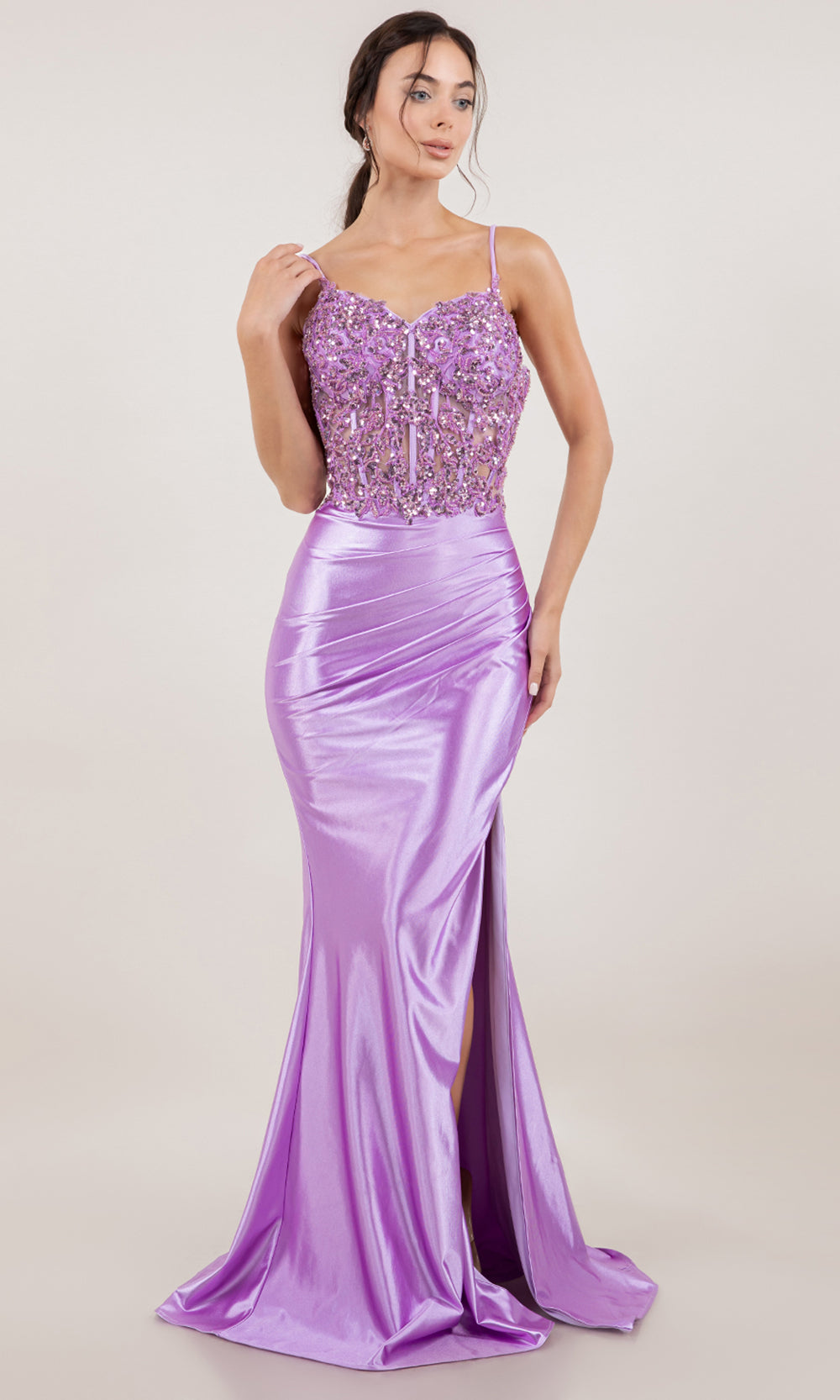 Cinderella Couture 8334J - Metallic Satin Sleeveless Embellished Gown Prom Dresses in Lilac 