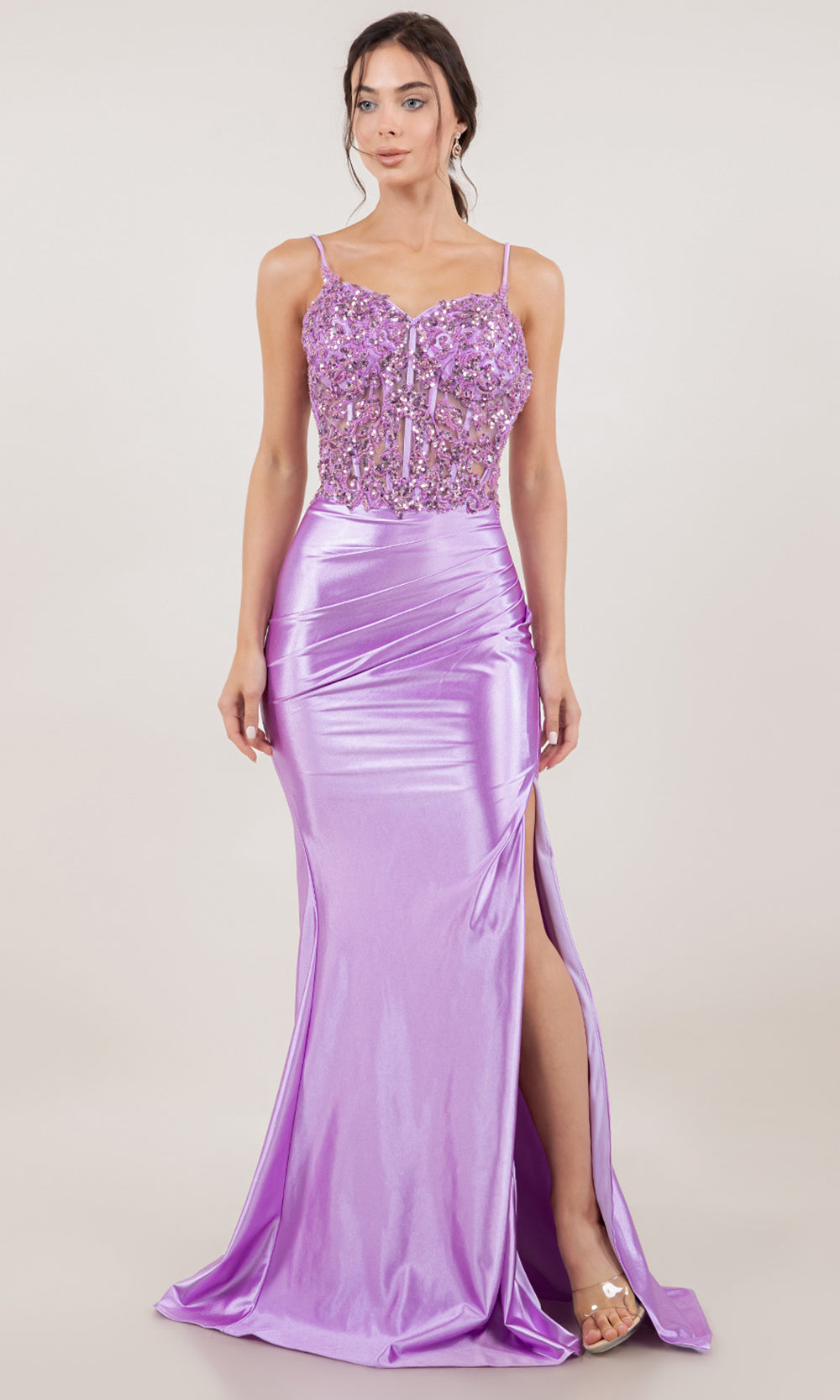 Cinderella Couture 8334J - Metallic Satin Sleeveless Embellished Gown Prom Dresses in Lilac 