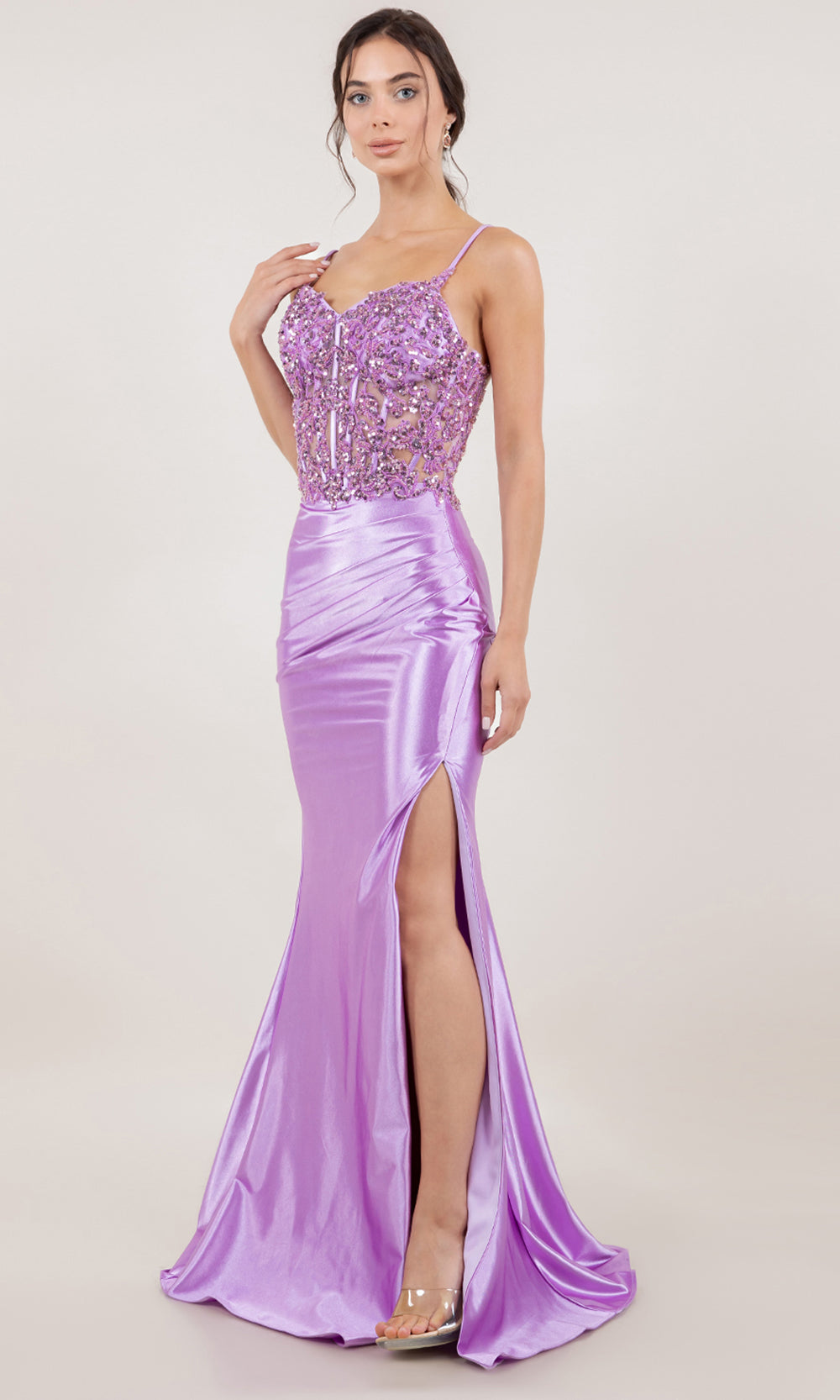 Cinderella Couture 8334J - Metallic Satin Sleeveless Embellished Gown Prom Dresses in Lilac 