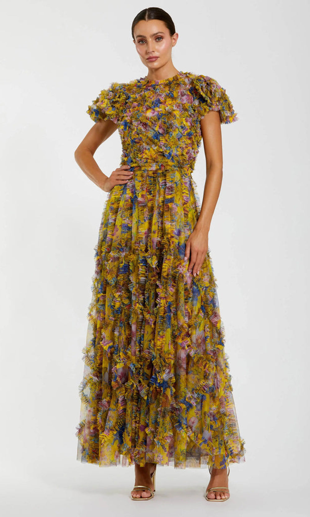 Mac Duggal 8338 - High Neck Micro Ruffle Maxi Dress Formal Gowns in Yellow and Multi