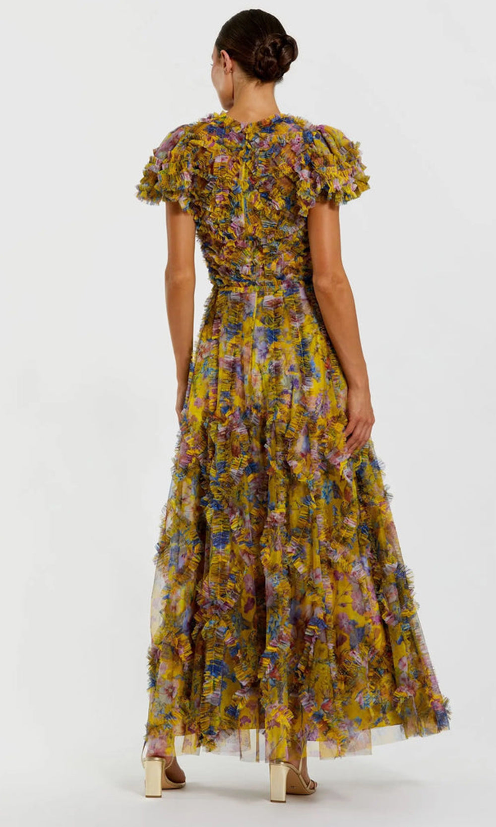 Mac Duggal 8338 - High Neck Micro Ruffle Maxi Dress Formal Gowns in Yellow and Multi