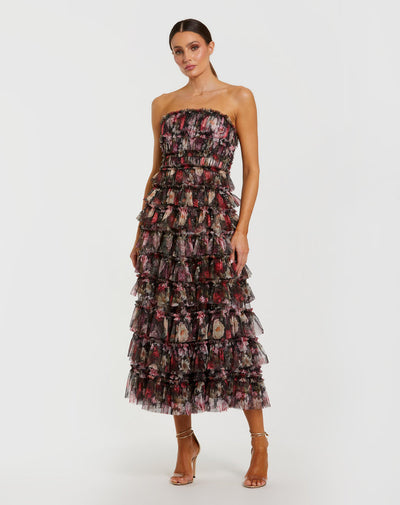 Mac Duggal 8351 - Strapless Tiered Floral Print Dress In Black and Multi