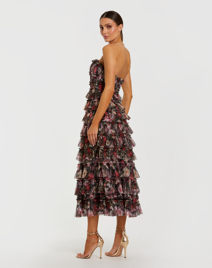 Mac Duggal 8351 - Strapless Tiered Floral Print Dress In Black and Multi
