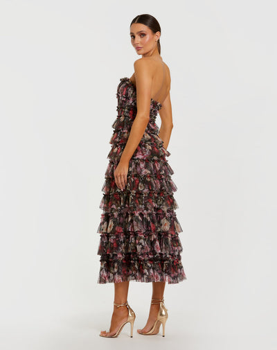 Mac Duggal 8351 - Strapless Tiered Floral Print Dress In Black and Multi