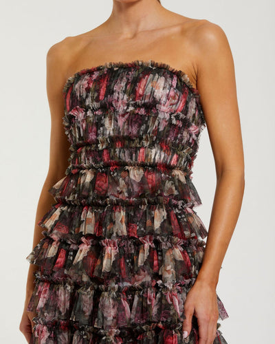 Mac Duggal 8351 - Strapless Tiered Floral Print Dress In Black and Multi