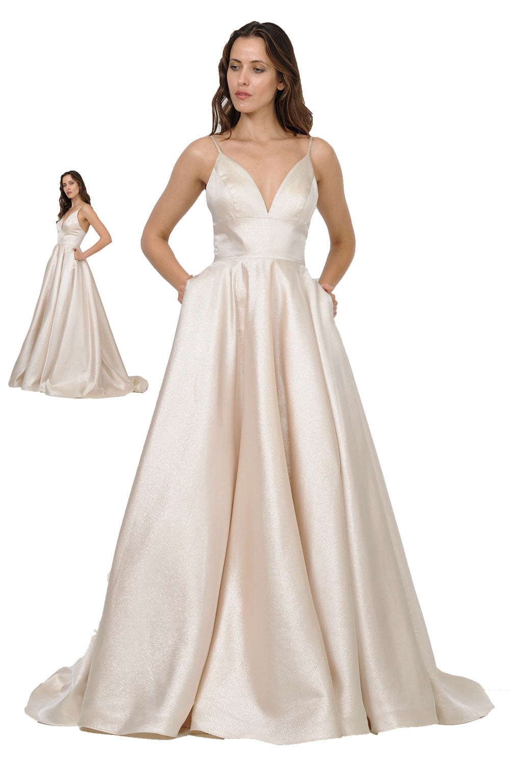 Poly USA 8358 - Deep V-Neck A-Line Long Gown with Pockets Prom Dresses in Neutral  