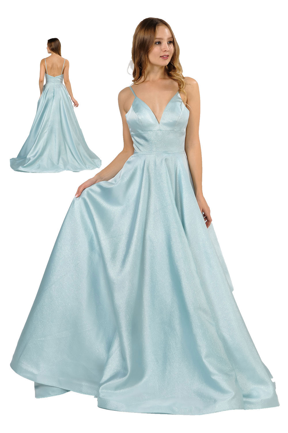 Poly USA 8358 - Deep V-Neck A-Line Long Gown with Pockets Prom Dresses in Blue  