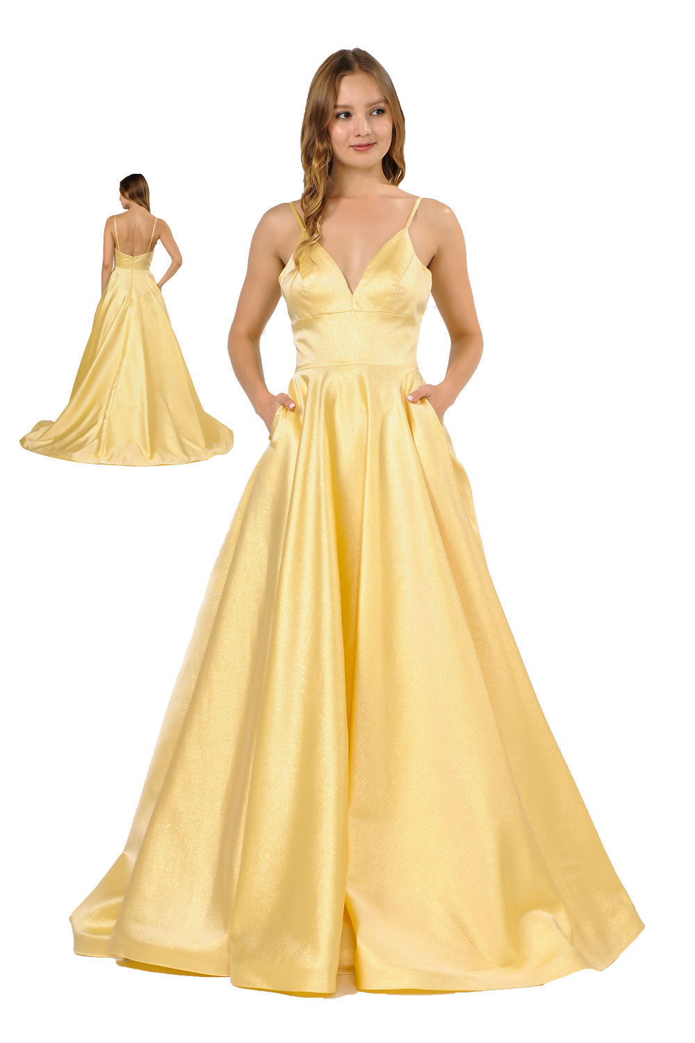 Poly USA 8358 - Deep V-Neck A-Line Long Gown with Pockets Prom Dresses in Yellow  