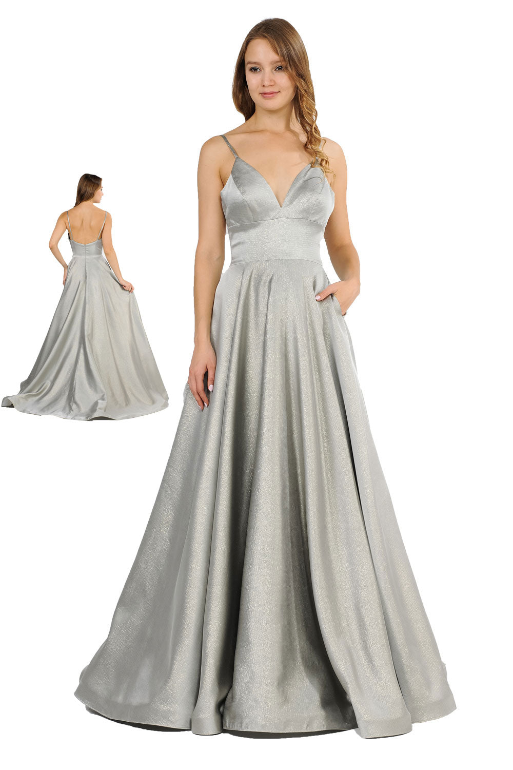 Poly USA 8358 - Deep V-Neck A-Line Long Gown with Pockets Prom Dresses in Gray  