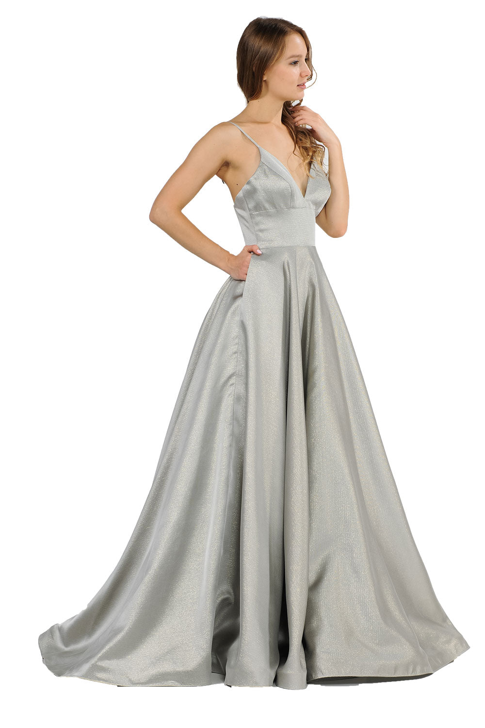 Poly USA 8358 - Deep V-Neck A-Line Long Gown with Pockets Prom Dresses in Gray  