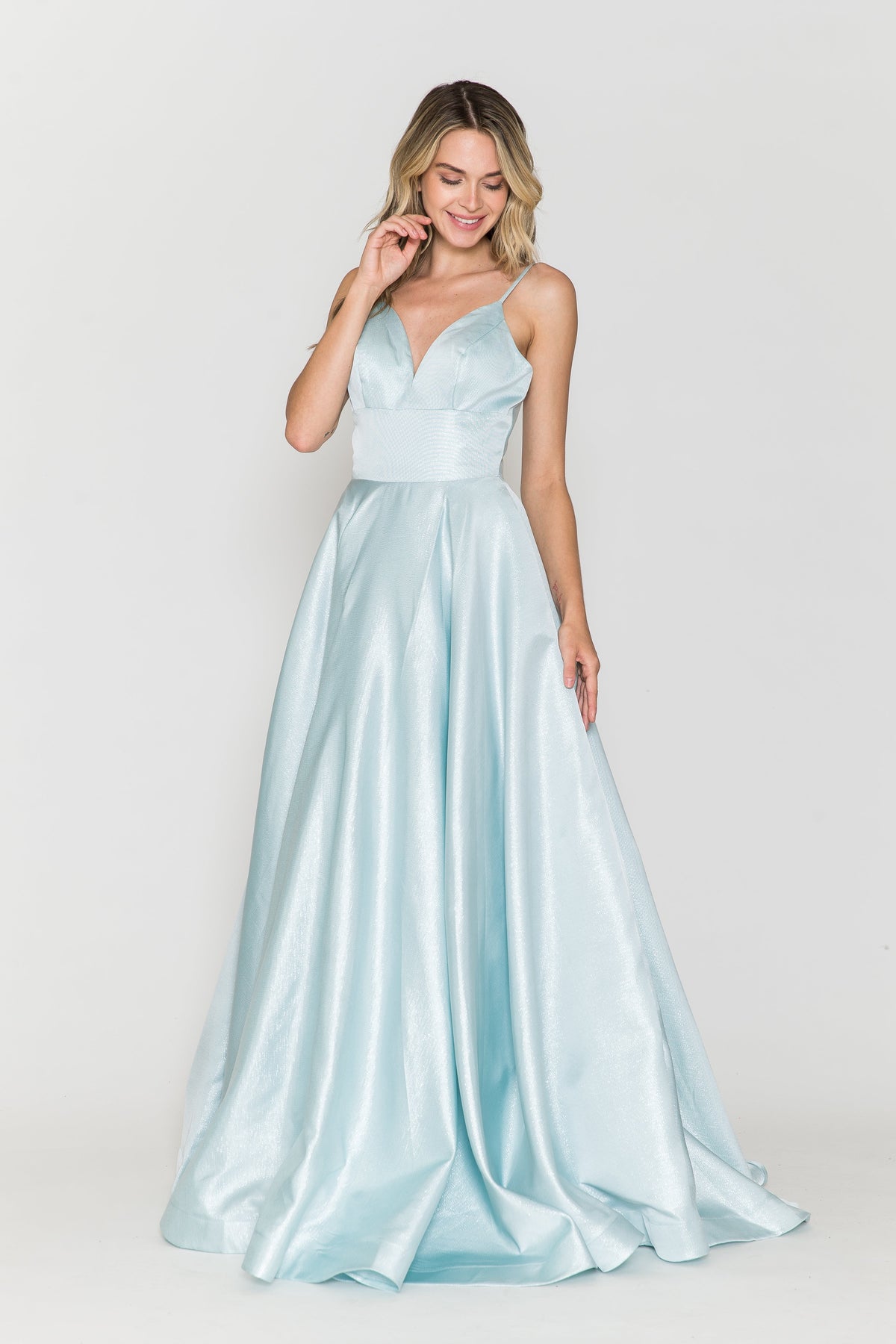 Poly USA 8358 - Deep V-Neck A-Line Long Gown with Pockets Prom Dresses in Blue  