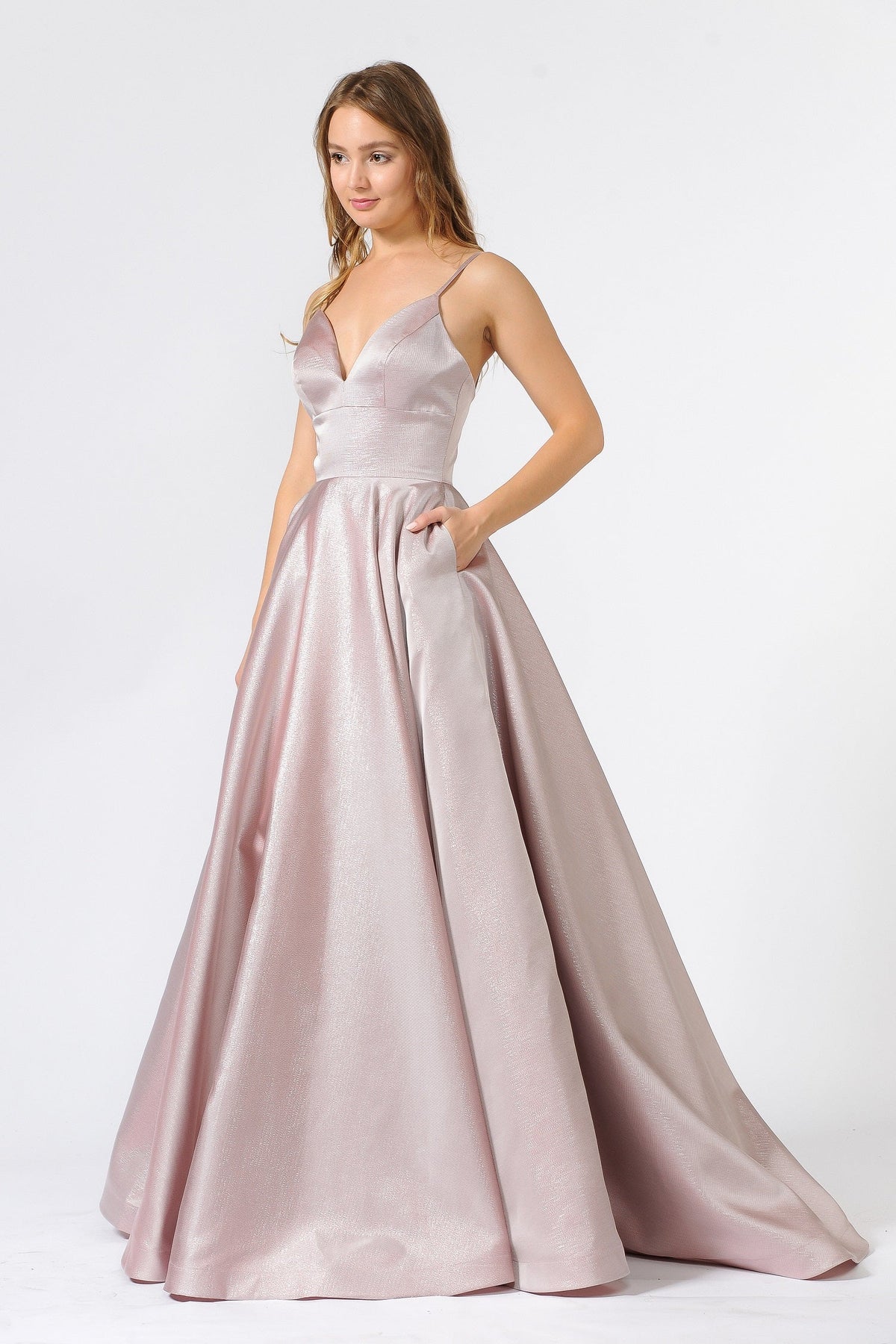 Poly USA 8358 - Deep V-Neck A-Line Long Gown with Pockets Prom Dresses in Purple  