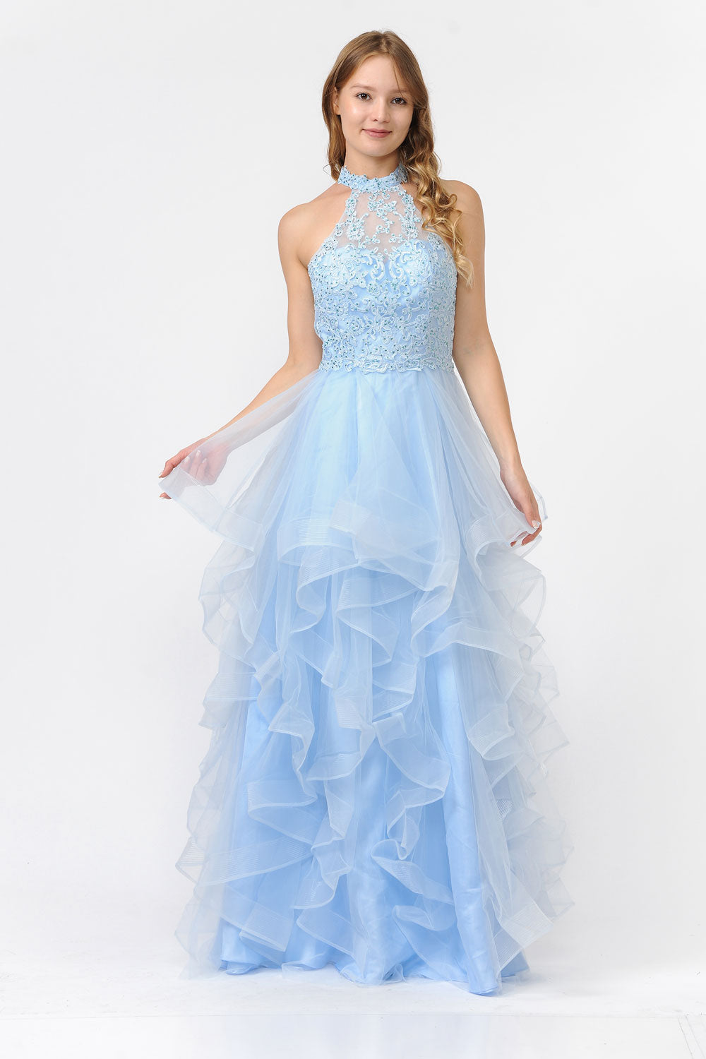 Poly USA 8372 - Embroidered Ruffle A-Line Gown Prom Dresses in Blue  