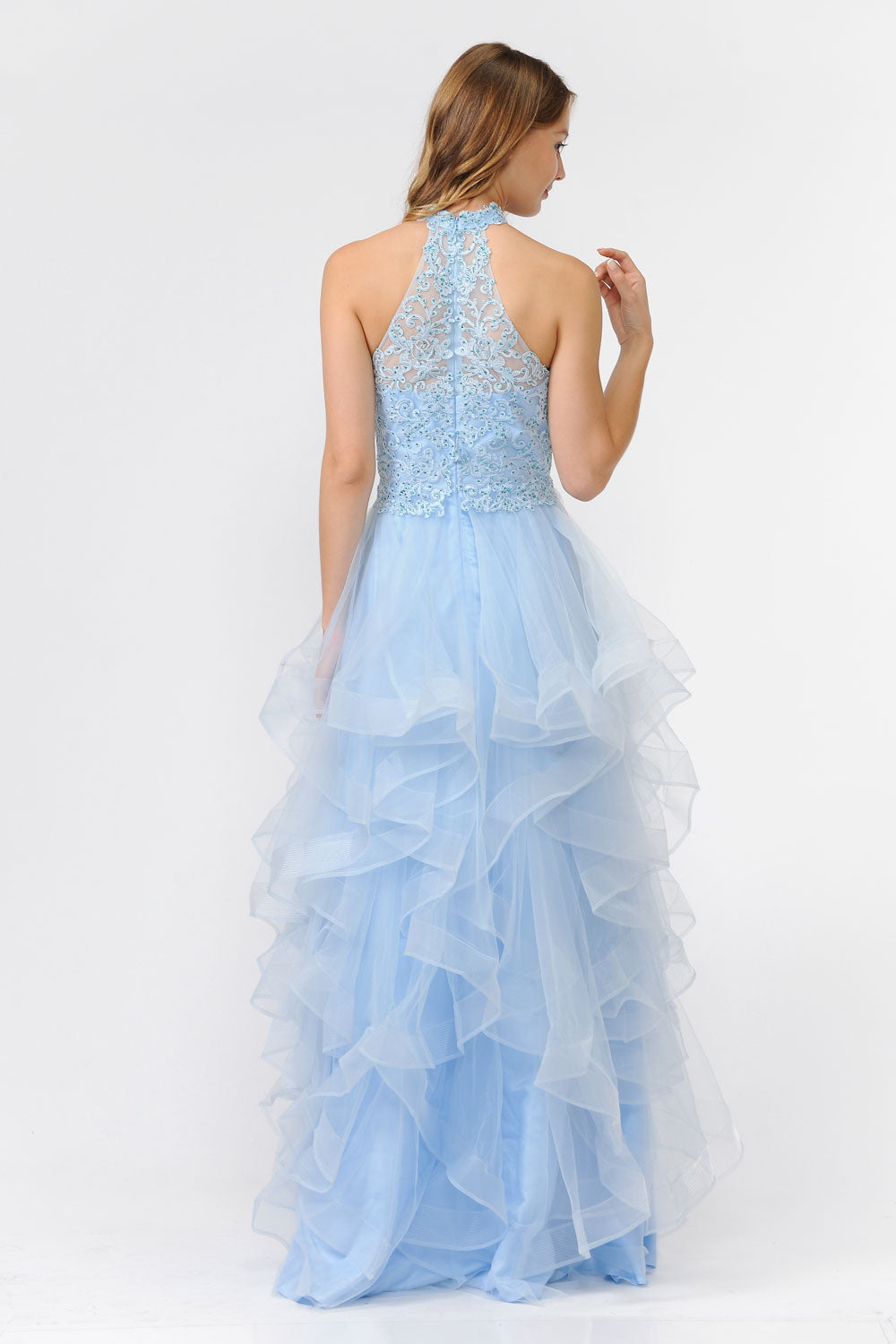 Poly USA 8372 - Embroidered Ruffle A-Line Gown Prom Dresses in Blue  