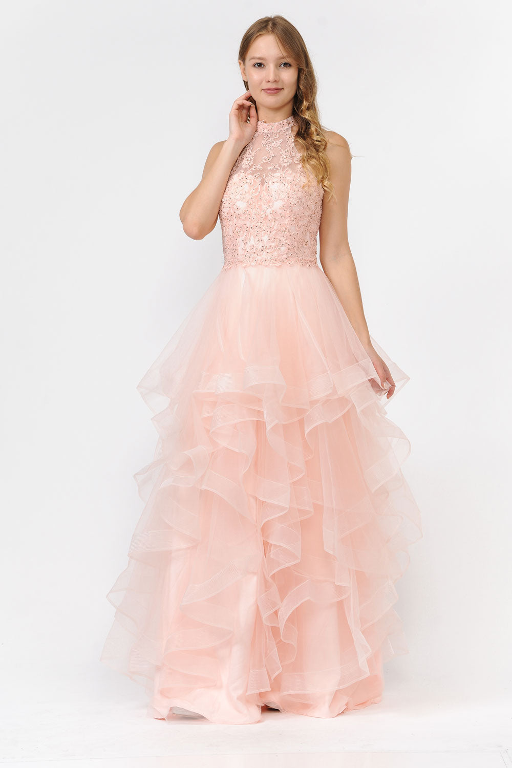 Poly USA 8372 - Embroidered Ruffle A-Line Gown Prom Dresses in Pink  