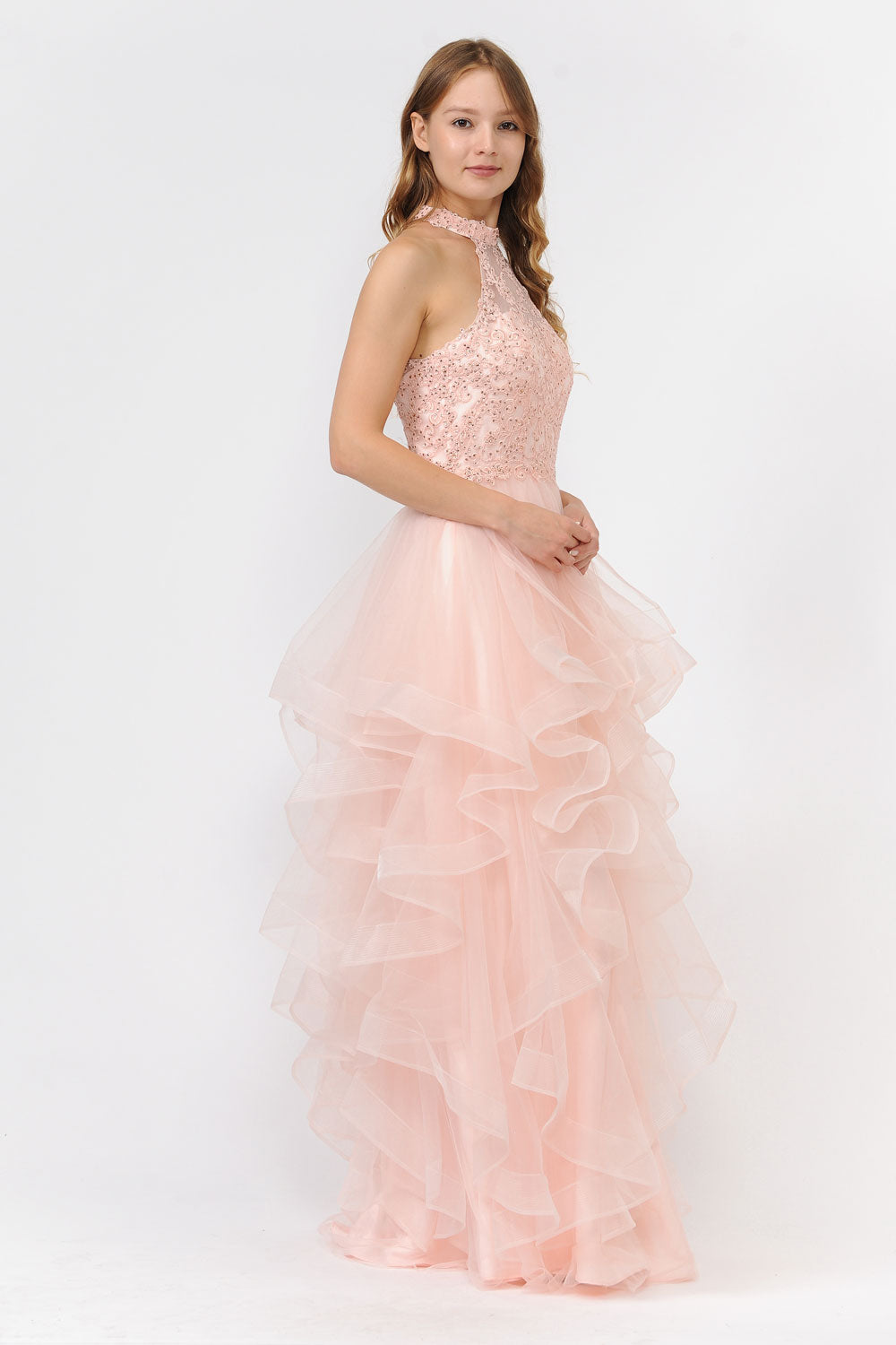 Poly USA 8372 - Embroidered Ruffle A-Line Gown Prom Dresses in Pink  