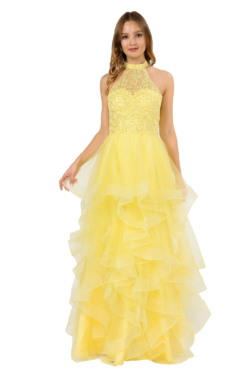 Poly USA 8372 - Embroidered Ruffle A-Line Gown Prom Dresses in Yellow  