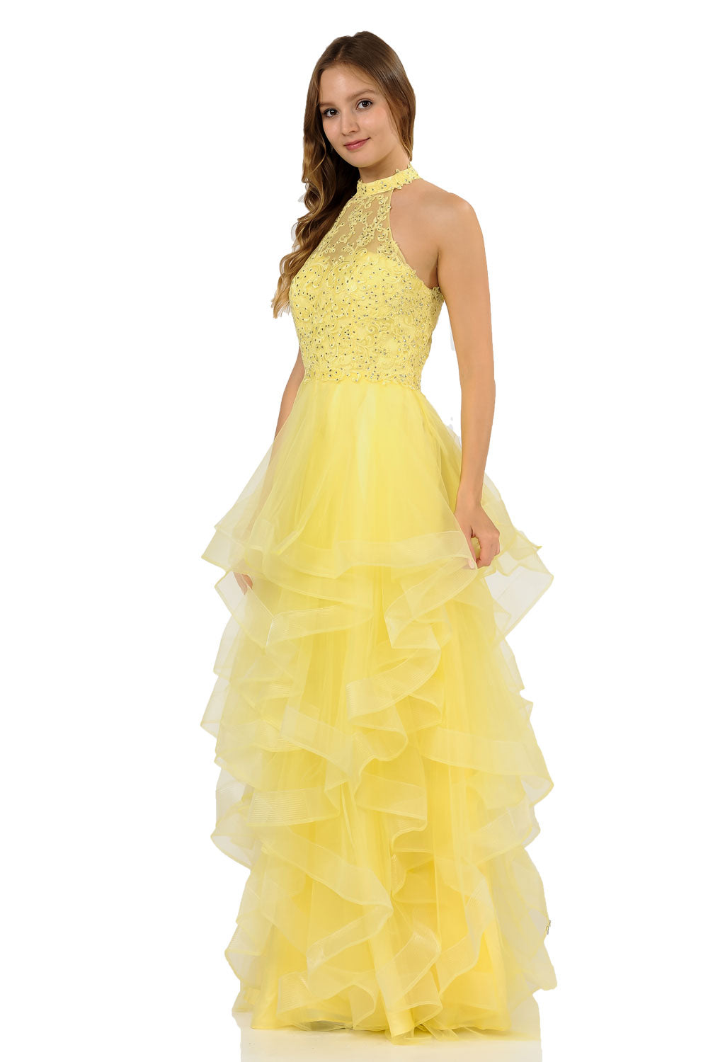 Poly USA 8372 - Embroidered Ruffle A-Line Gown Prom Dresses in Yellow  