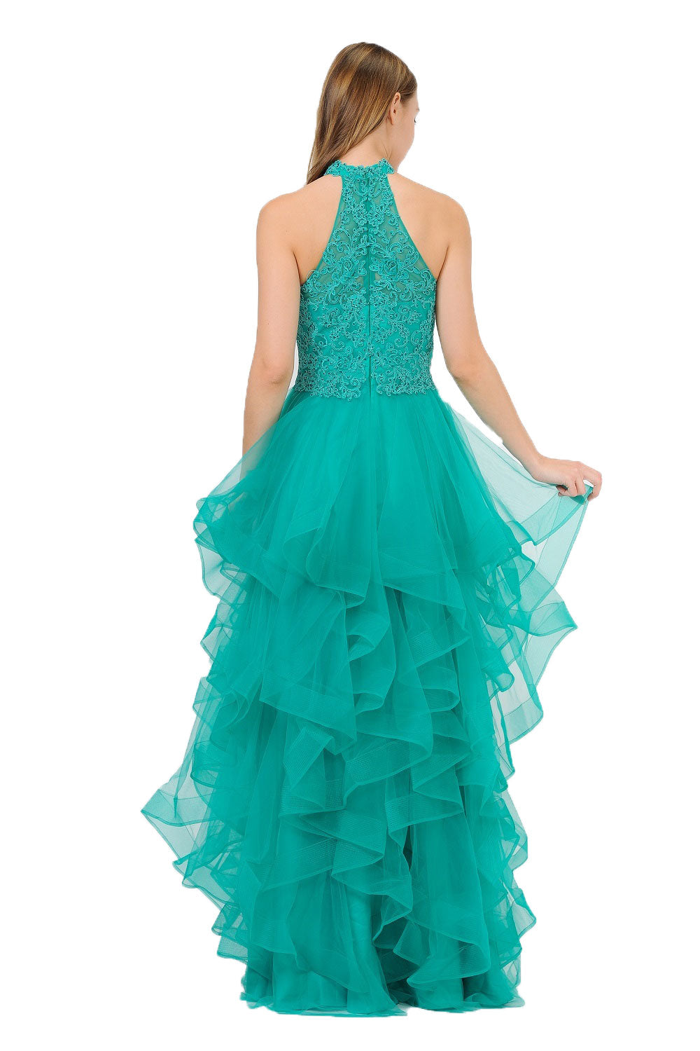 Poly USA 8372 - Embroidered Ruffle A-Line Gown Prom Dresses in Green  
