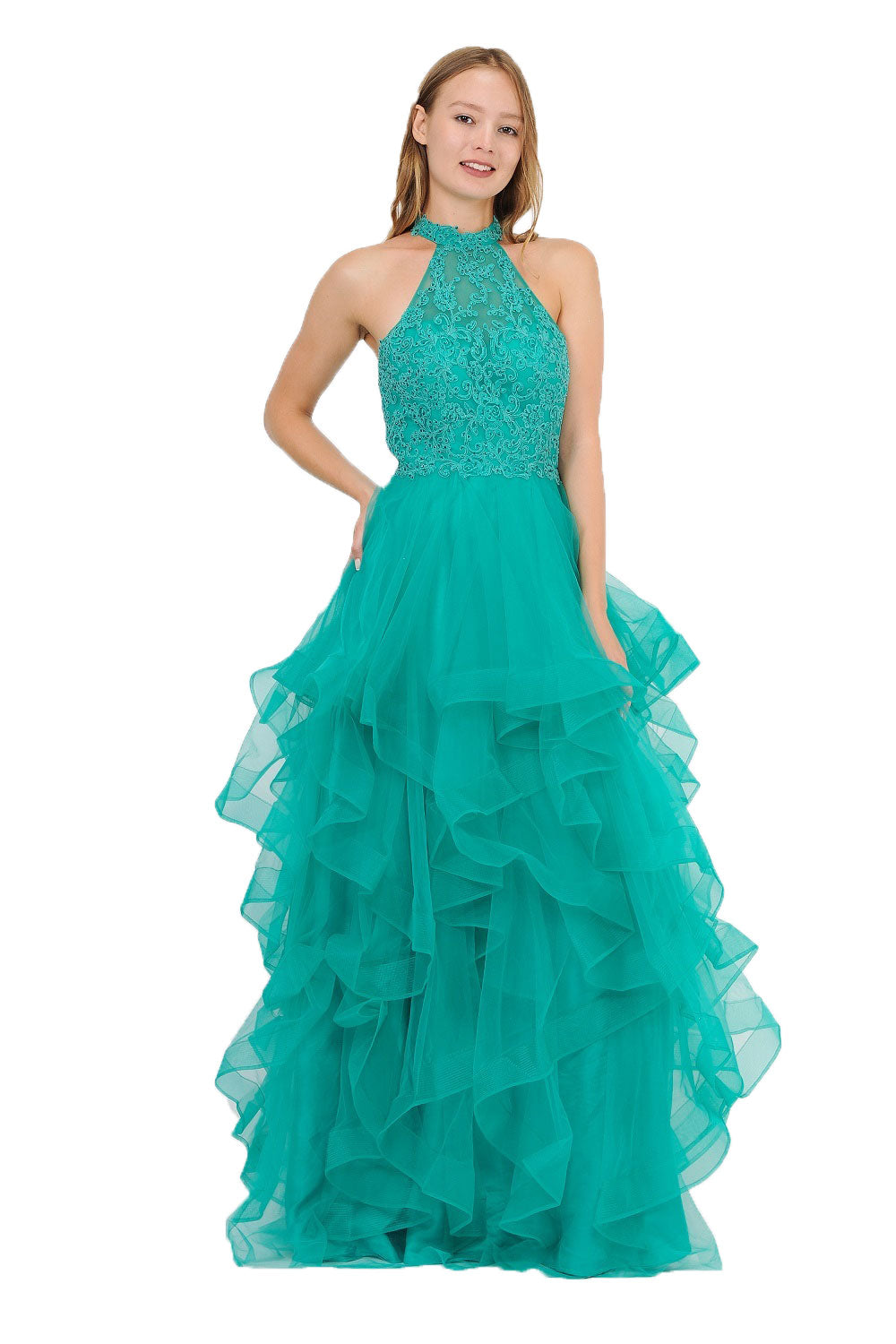 Poly USA 8372 - Embroidered Ruffle A-Line Gown Prom Dresses in Green  