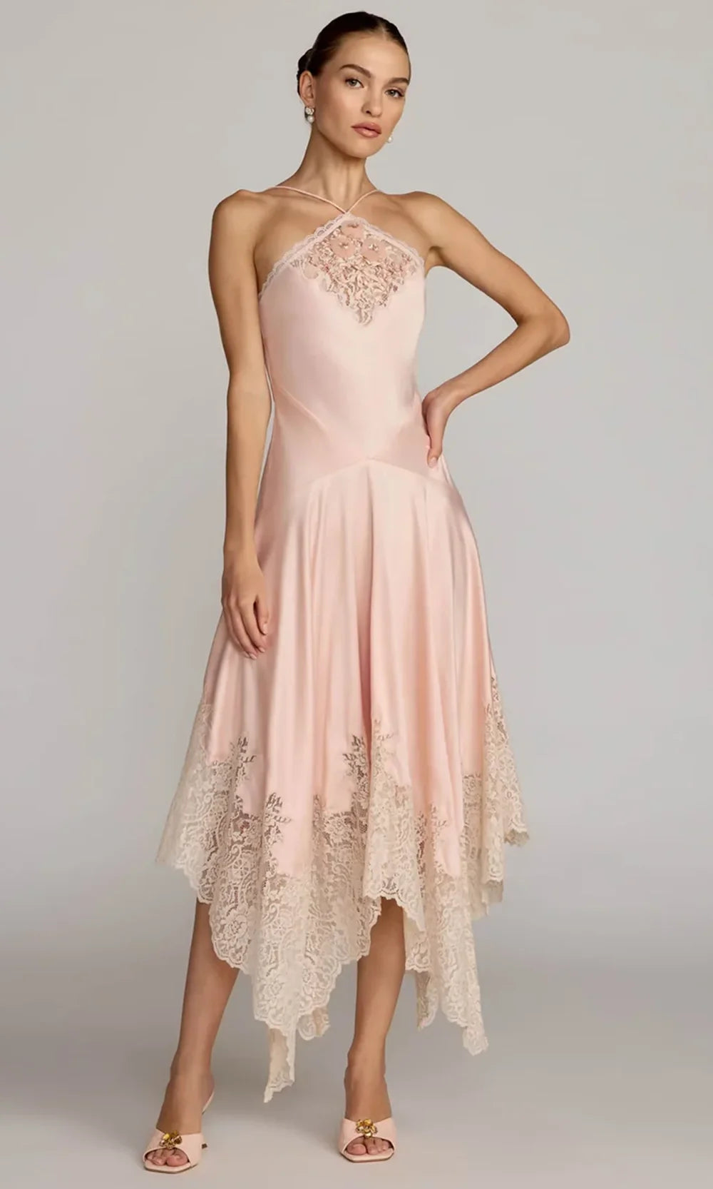 Mac Duggal 8375 - Lace Halter Handkerchief High Low Dress In Pink