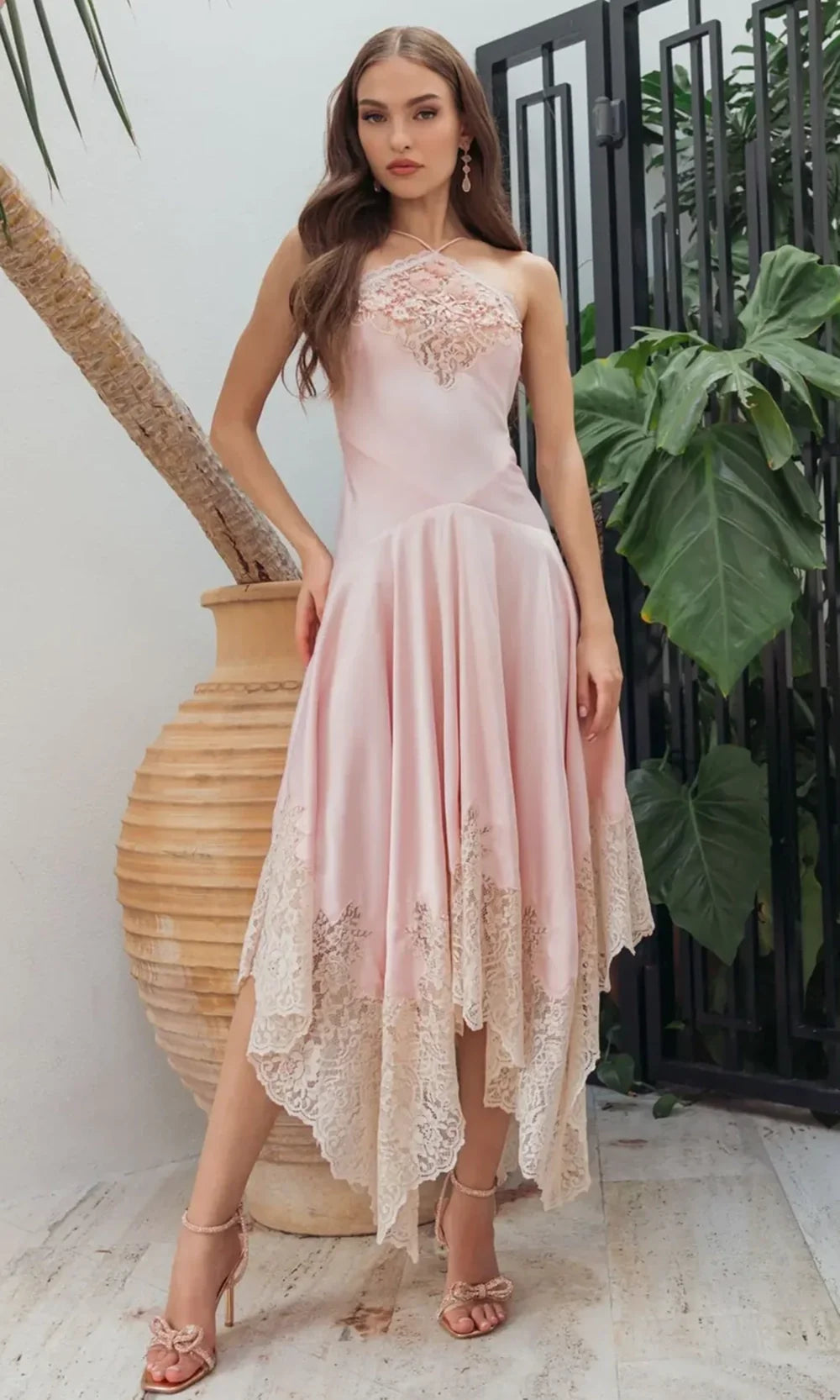 Mac Duggal 8375 - Lace Halter Handkerchief High Low Dress In Pink