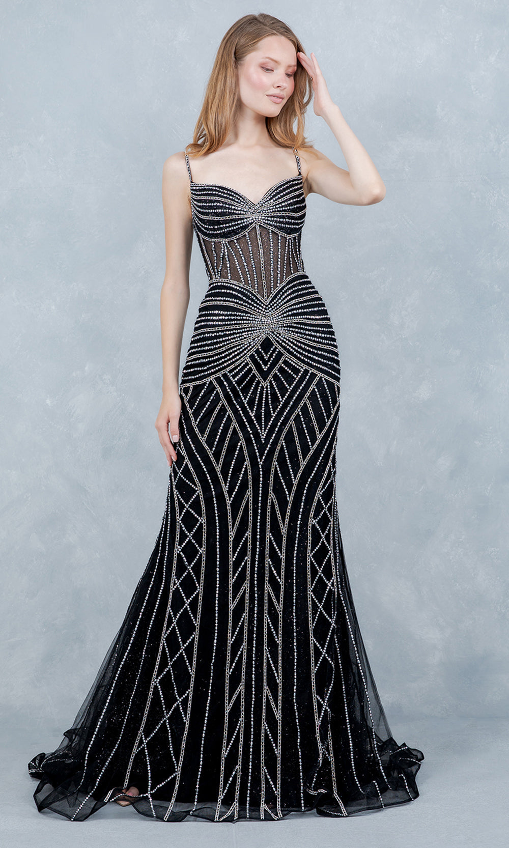 Cinderella Couture 8376J - Mermaid Skirt Geometric Beadwork Prom Gown Prom Dresses in Black