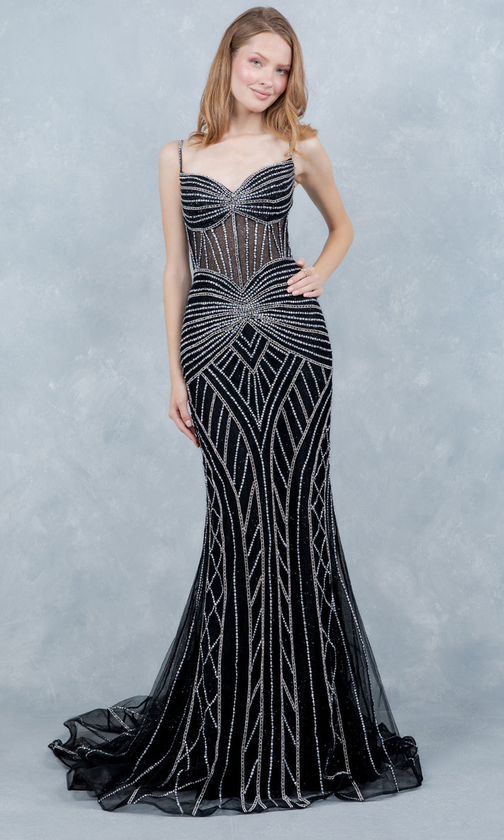 Cinderella Couture 8376J - Mermaid Skirt Geometric Beadwork Prom Gown Prom Dresses in Black
