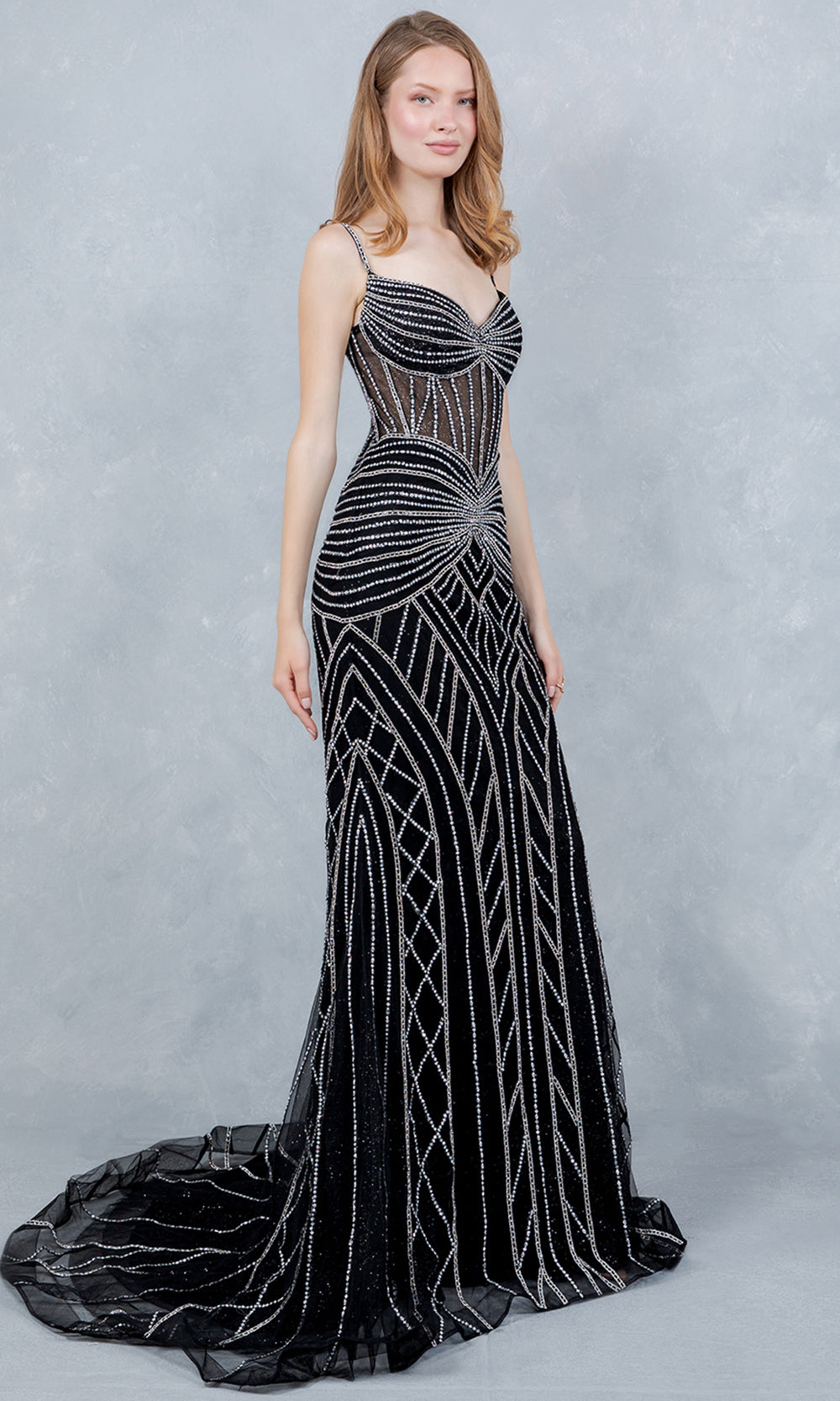 Cinderella Couture 8376J - Mermaid Skirt Geometric Beadwork Prom Gown Prom Dresses in Black