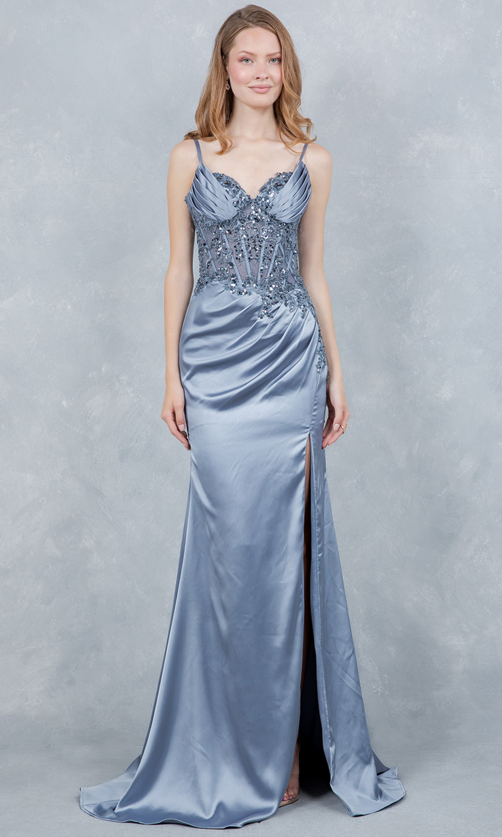 Cinderella Couture 8377J - Sequin Lace High Slit Sleeveless Gown Prom Dresses in Dusty Blue