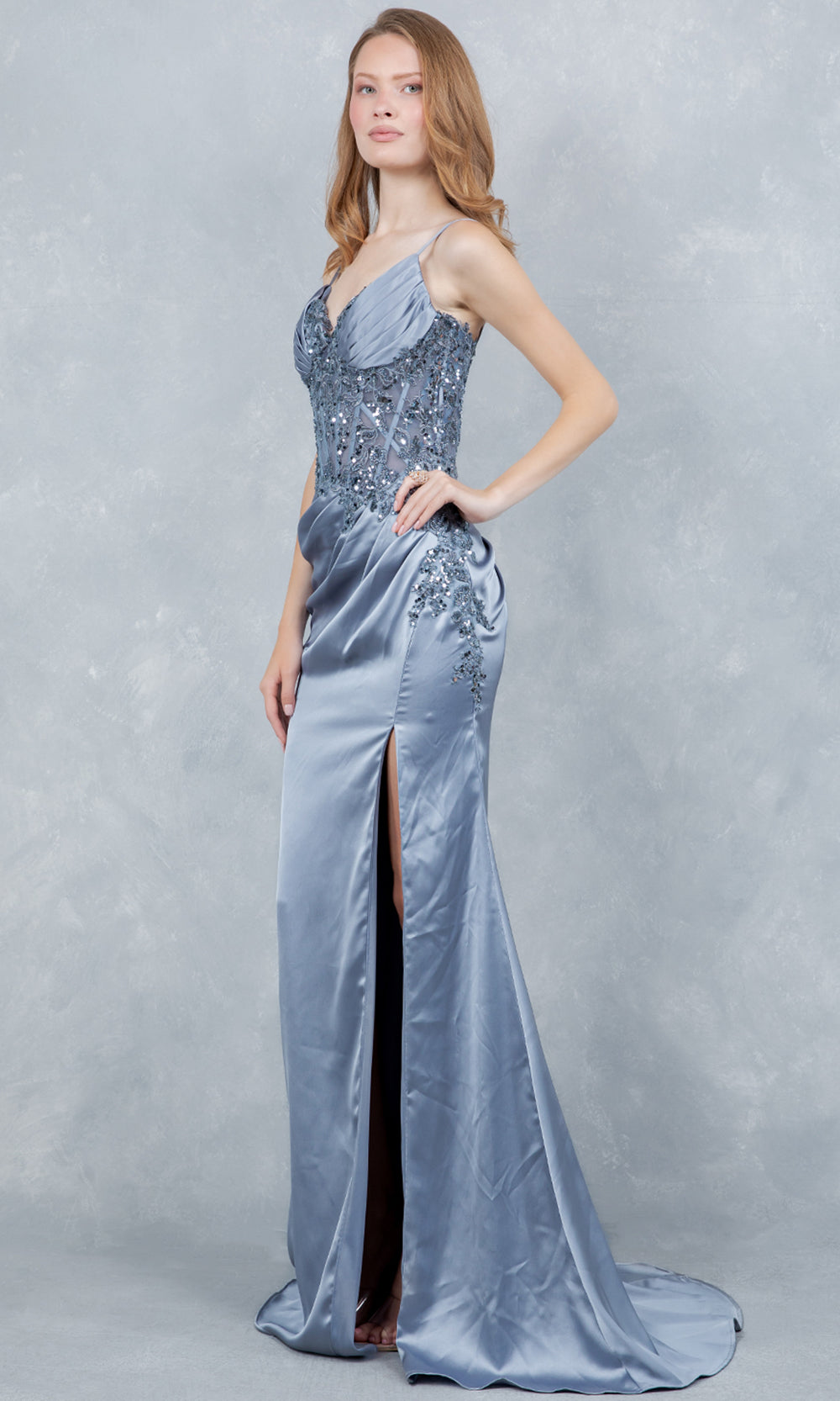 Cinderella Couture 8377J - Sequin Lace High Slit Sleeveless Gown Prom Dresses in Dusty Blue