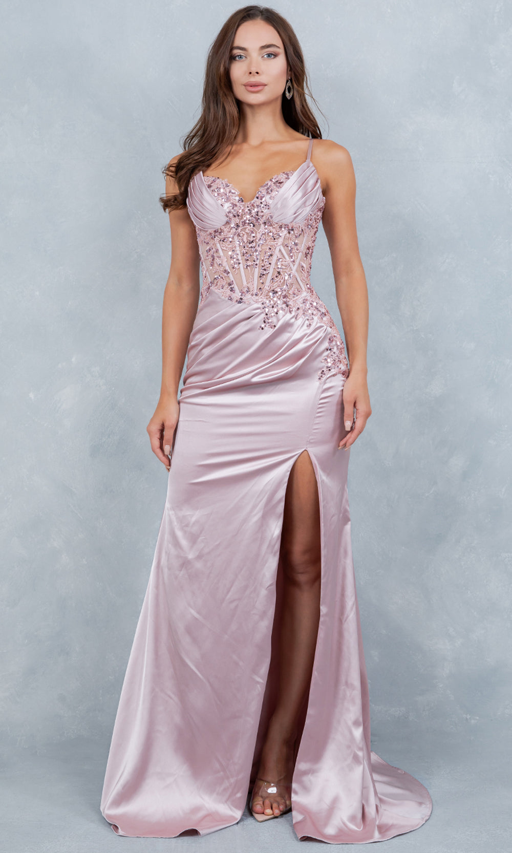 Cinderella Couture 8377J - Sequin Lace High Slit Sleeveless Gown Prom Dresses in Rose 