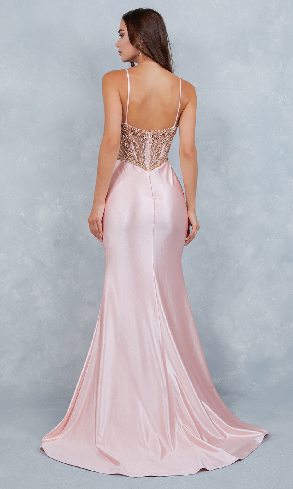 Cinderella Couture 8379J - Satin V-Neck Crystal Encrusted Prom Gown Prom Dresses in Blush 
