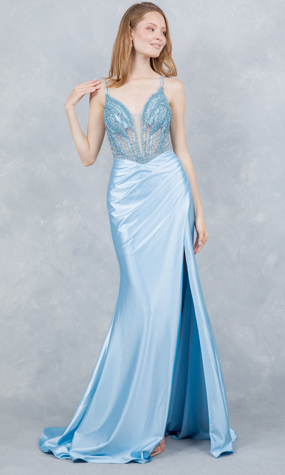 Cinderella Couture 8379J - Satin V-Neck Crystal Encrusted Prom Gown Prom Dresses in Dusty Blue