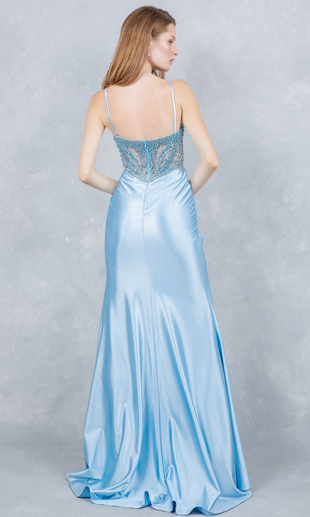 Cinderella Couture 8379J - Satin V-Neck Crystal Encrusted Prom Gown Prom Dresses in Dusty Blue