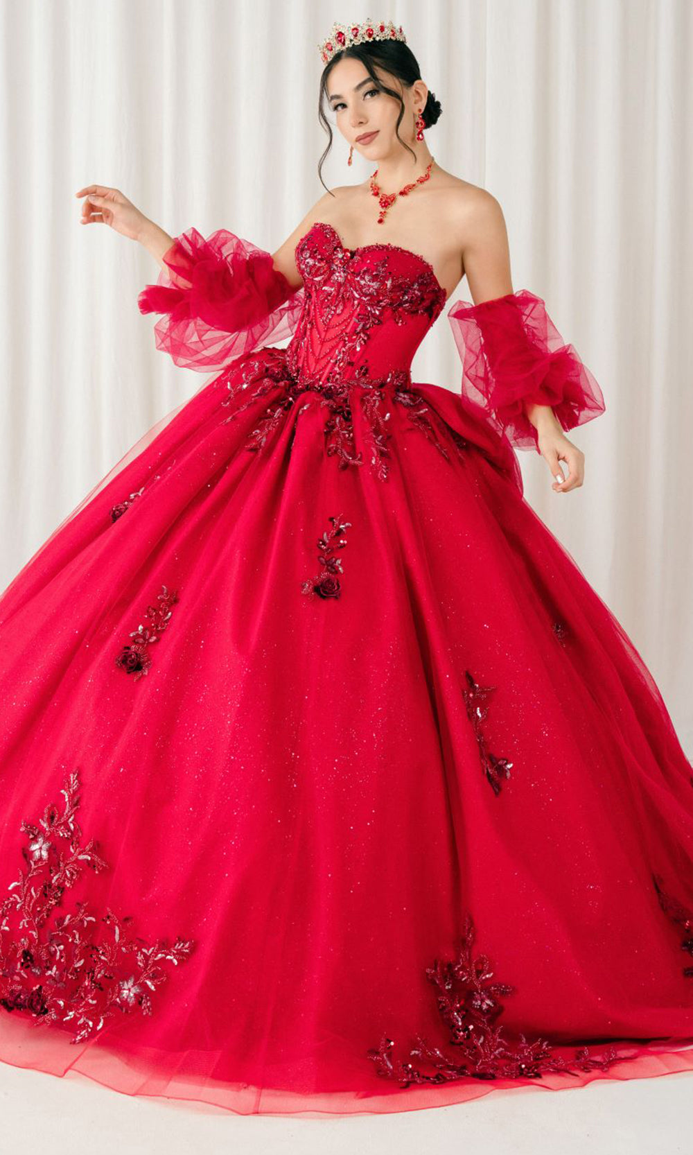 Cinderella Couture 8380J - Lace-Up Back Bead Embellished Ballgown Quinceanera Dresses in Burgundy