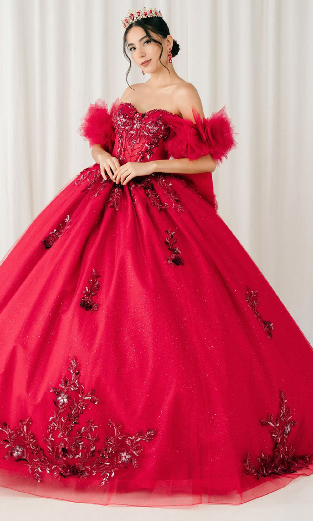 Cinderella Couture 8380J - Lace-Up Back Bead Embellished Ballgown Quinceanera Dresses in Burgundy