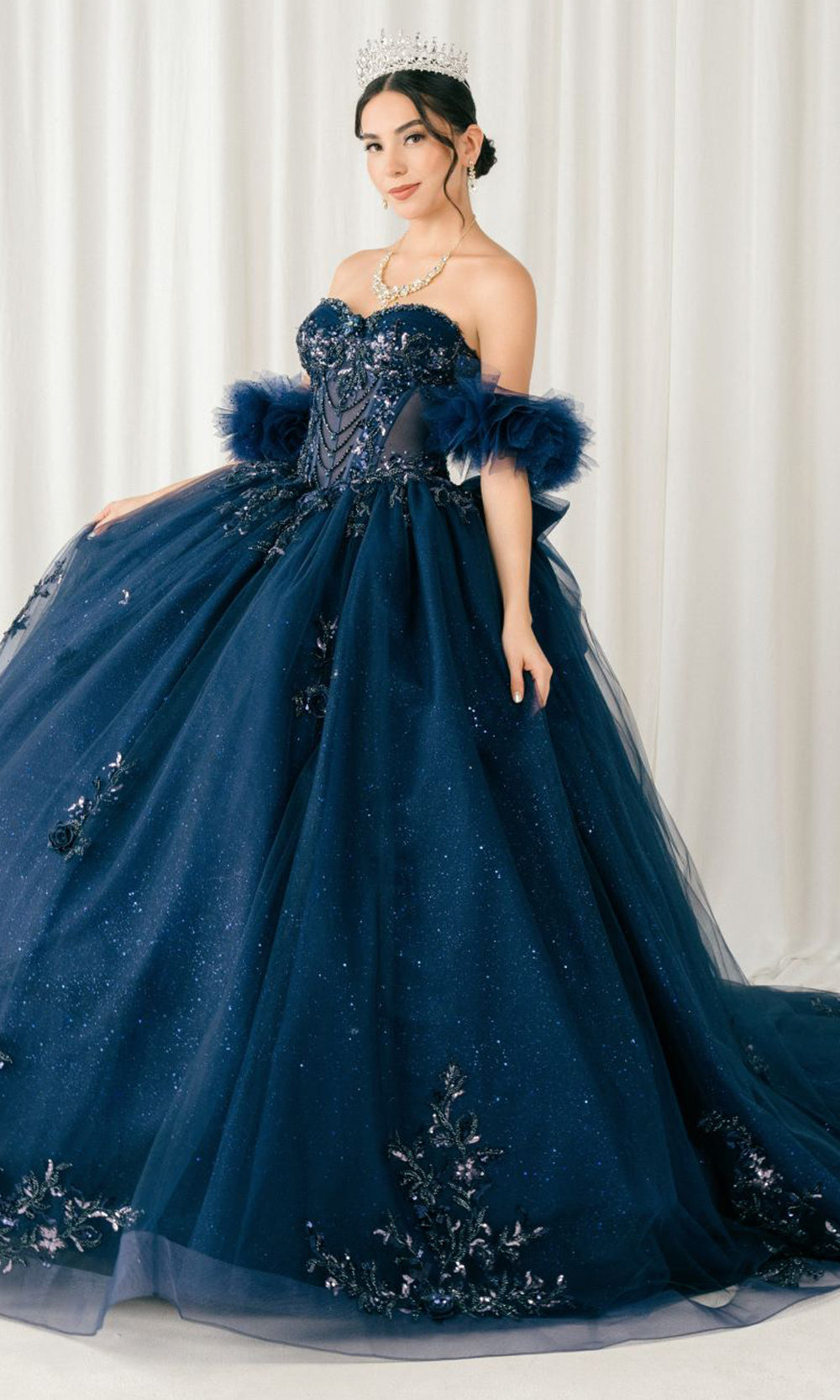 Cinderella Couture 8380J - Lace-Up Back Bead Embellished Ballgown Quinceanera Dresses in Navy