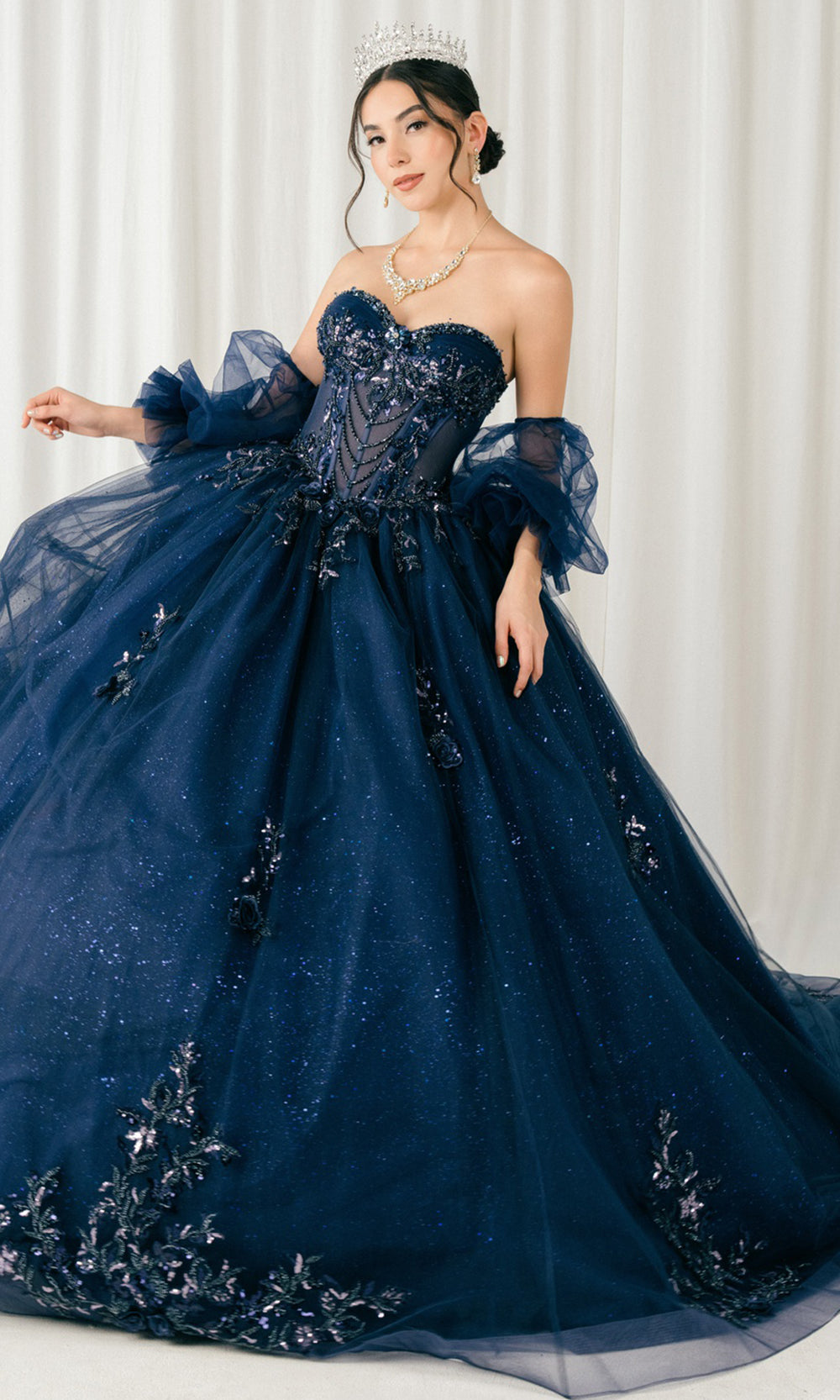Cinderella Couture 8380J - Lace-Up Back Bead Embellished Ballgown Quinceanera Dresses in Navy