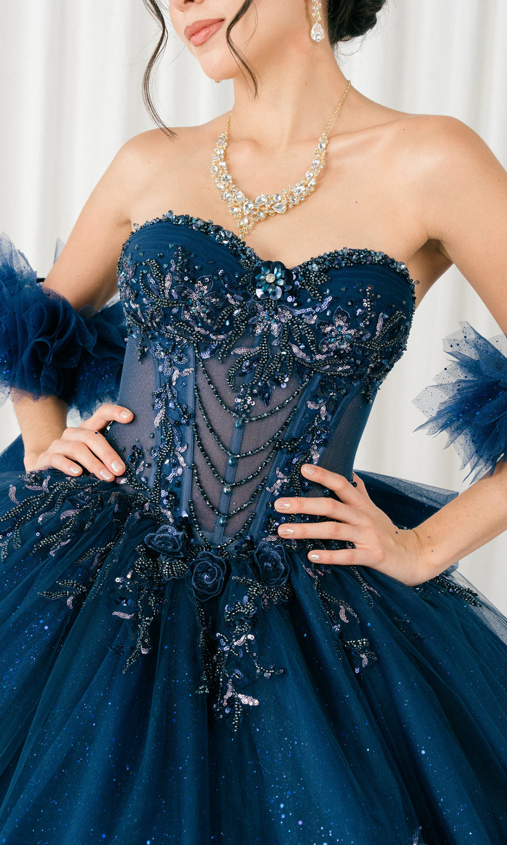 Cinderella Couture 8380J - Lace-Up Back Bead Embellished Ballgown Quinceanera Dresses in Navy