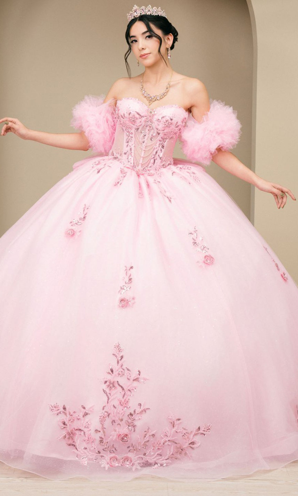 Cinderella Couture 8380J - Lace-Up Back Bead Embellished Ballgown Quinceanera Dresses in Pink