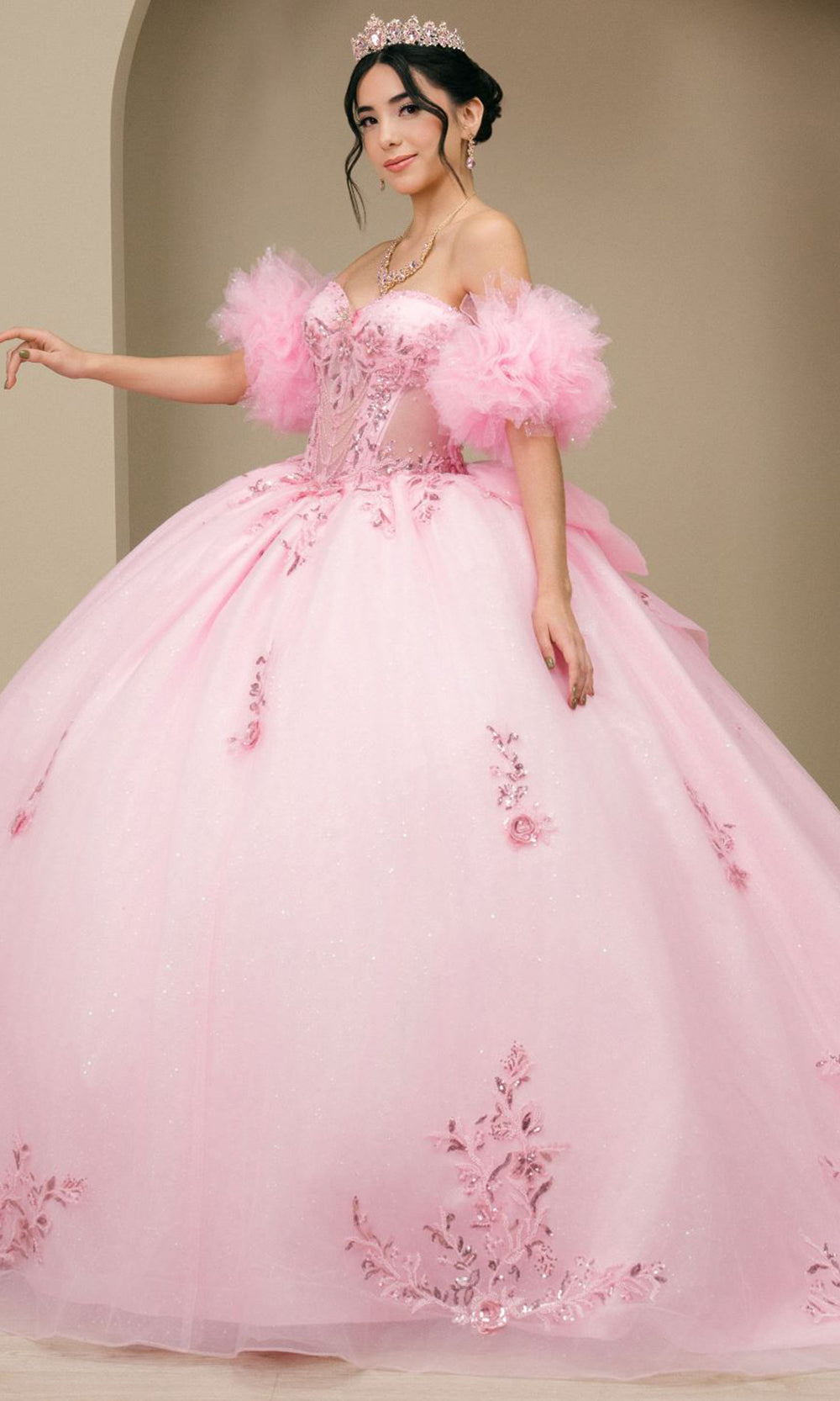 Cinderella Couture 8380J - Lace-Up Back Bead Embellished Ballgown Quinceanera Dresses in Pink