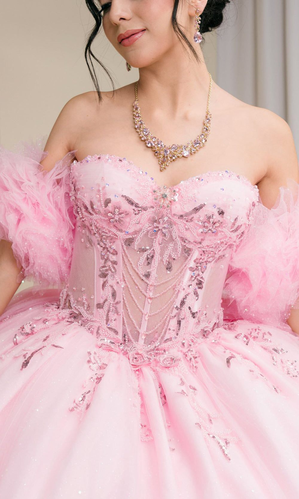 Cinderella Couture 8380J - Lace-Up Back Bead Embellished Ballgown Quinceanera Dresses in Pink