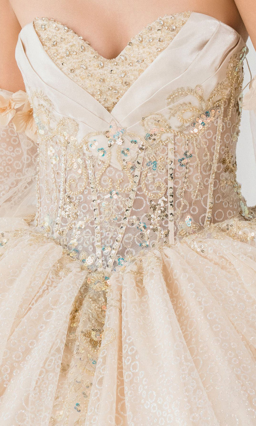 Cinderella Couture 8385J - Long Sleeve Layered Quince Gown Quinceanera Dresses in Champagne 